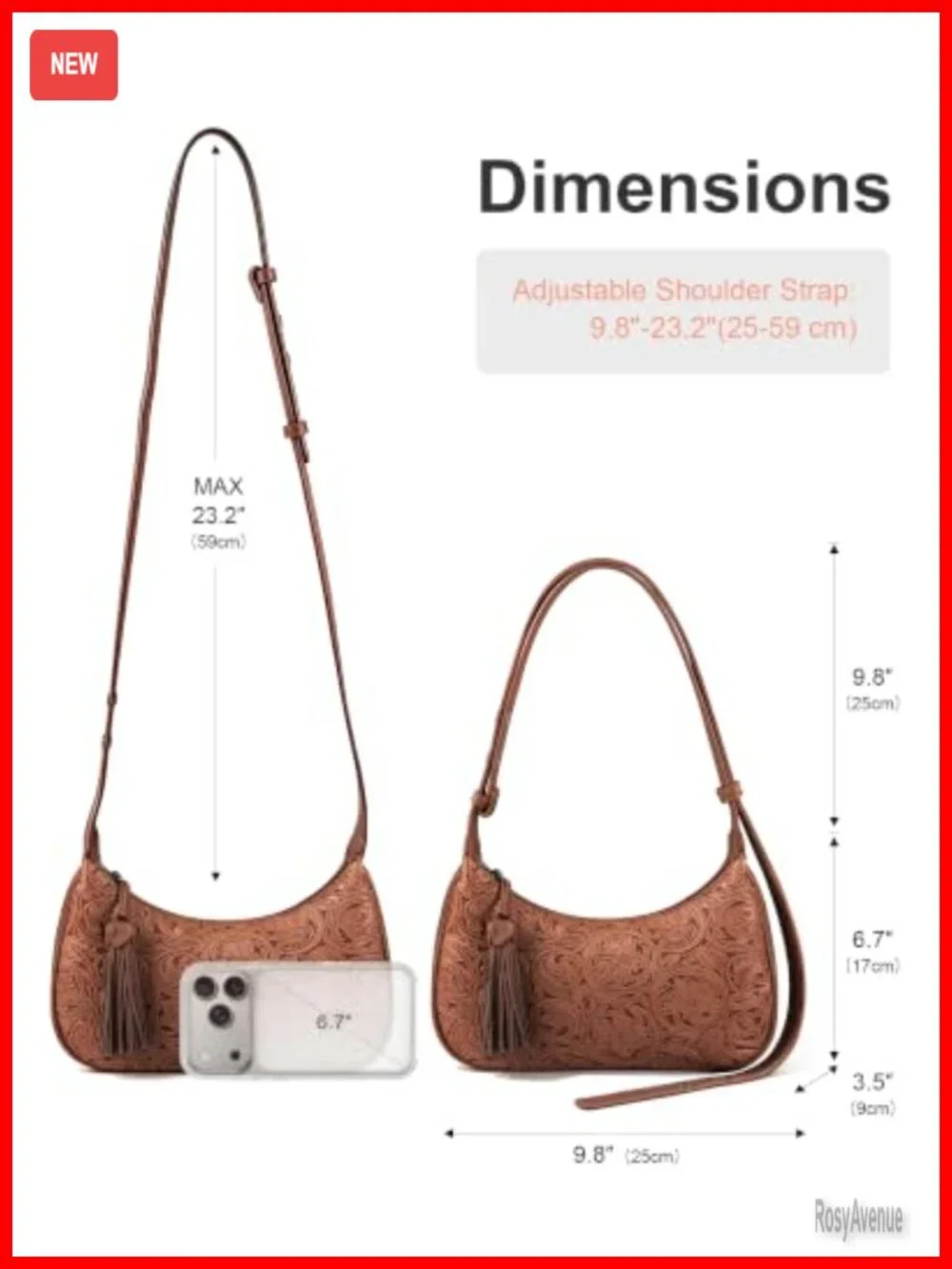 Vegan Leather Hobo Bag with Floral Embossed Trim, Adjustable Crossbody Purse